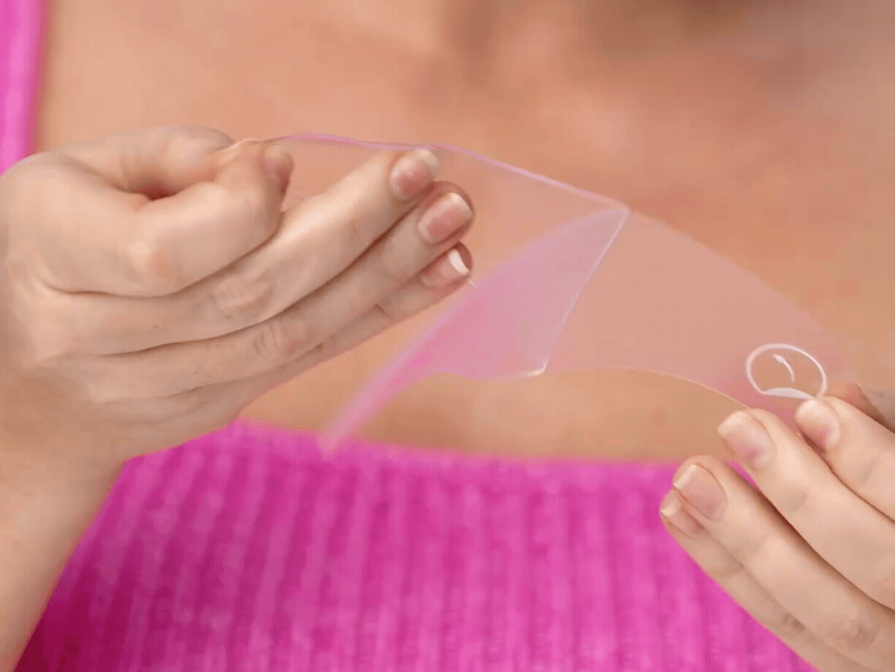 Step-by-step guide showing how to peel, apply, and store Wrinkles Schminkles silicone wrinkle patches