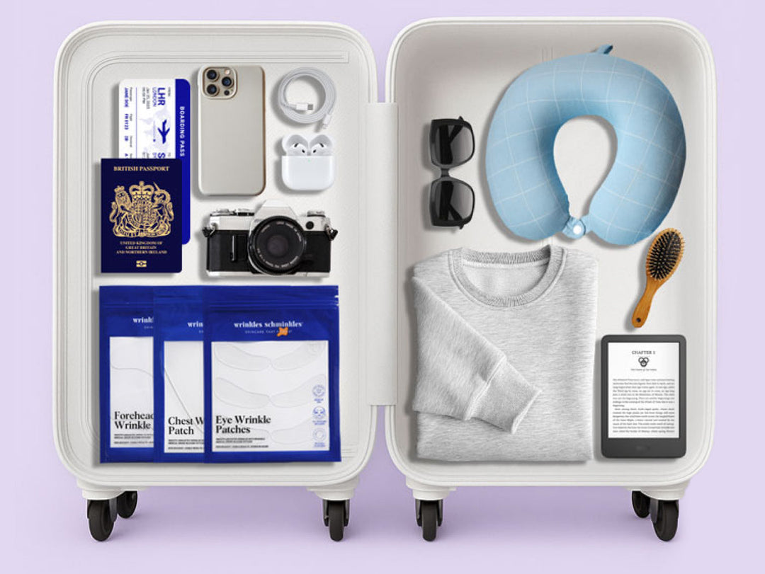 Wrinkles Schminkles blog banner on travel-friendly, liquid-free skincare
